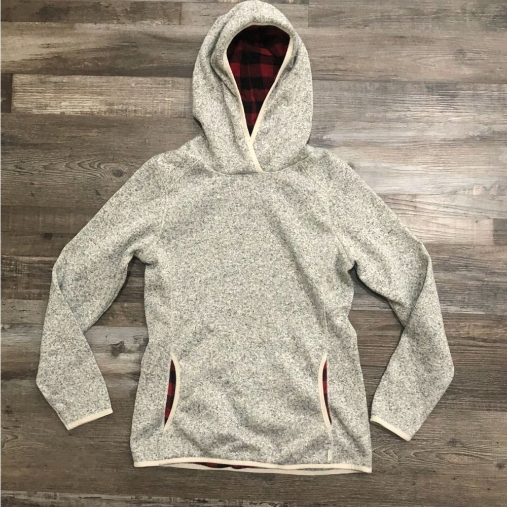 Eddie Bauer Heather Gray Hooded Sweatshirt with Buffalo Plaid detail
